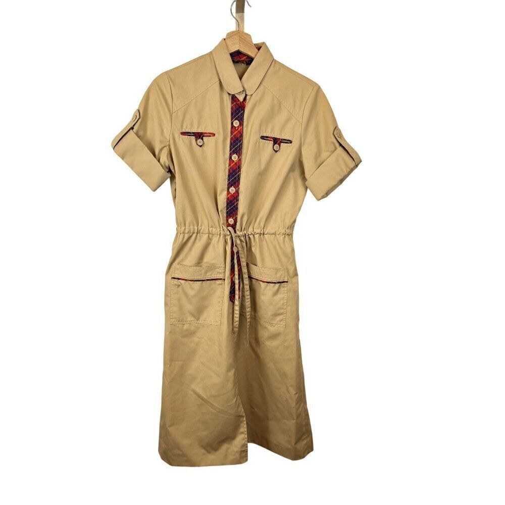 Vintage Khaki Whip-O-Will Short Sleeve Shirt Dress w/ Plaid Accents sz 13/14 EUC
